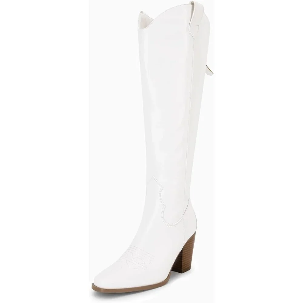 Women White Cowboy Knee High Boots Chunky Block Heel Square Toe Tall Riding Boot